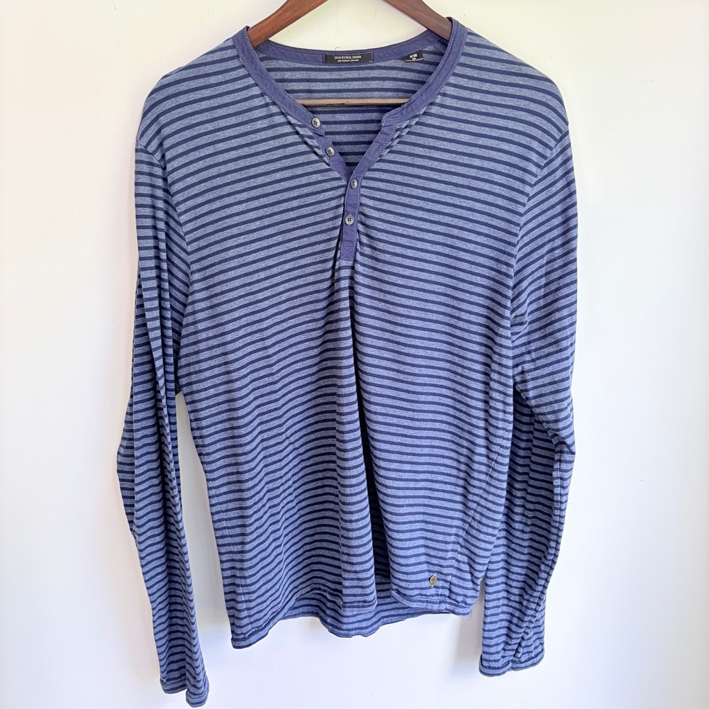 Scotch & Soda Henley Shirt Medium Nautical Blue Striped Long Sleeve Cotton Tee